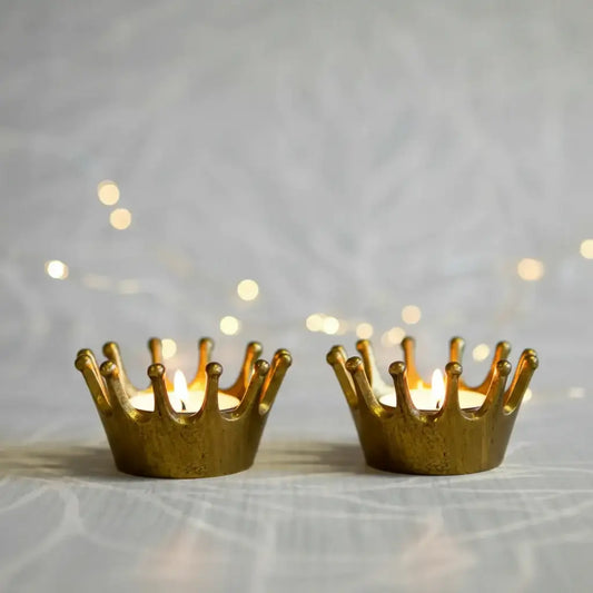 Two Golden Crown Tealight Holders - The Farthing