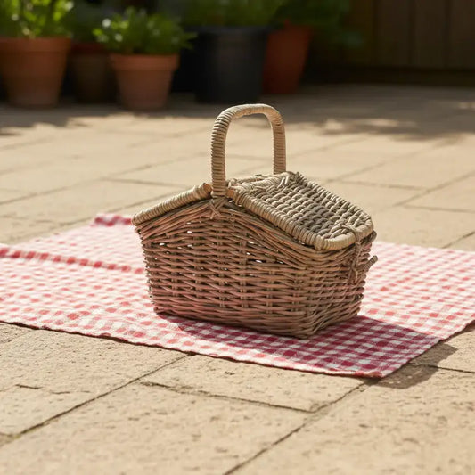 Wicker picnic basket on a red and white checkered cloth with potted plants in the background