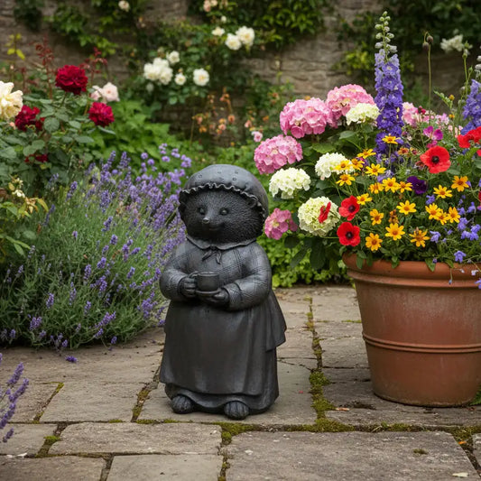Decorative garden scene with a small statue, potted flowers, and lush greenery.