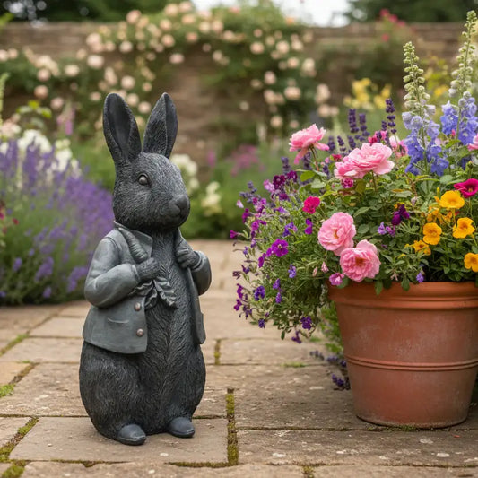 Statue of a rabbit in a suit next to a potted plant with flowers in a garden setting