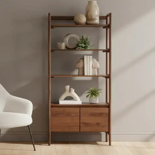 Wooden shelf with decorative items against a neutral wall