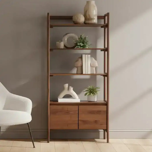 Wooden shelf with decorative items against a neutral wall