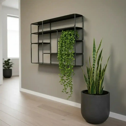 Modern wall shelf with plants in a minimalistic room