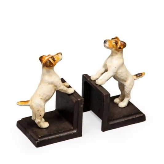 Dog-shaped bookends on a white background