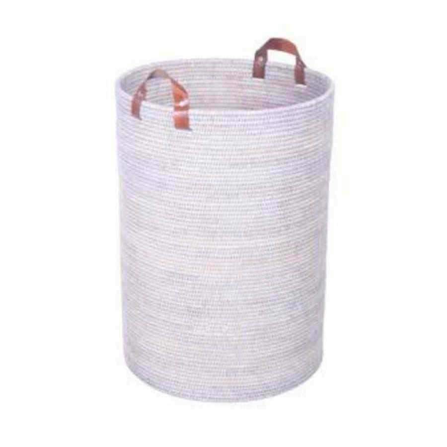 White Washed Leather Handled Rattan Laundry Basket - The Farthing
