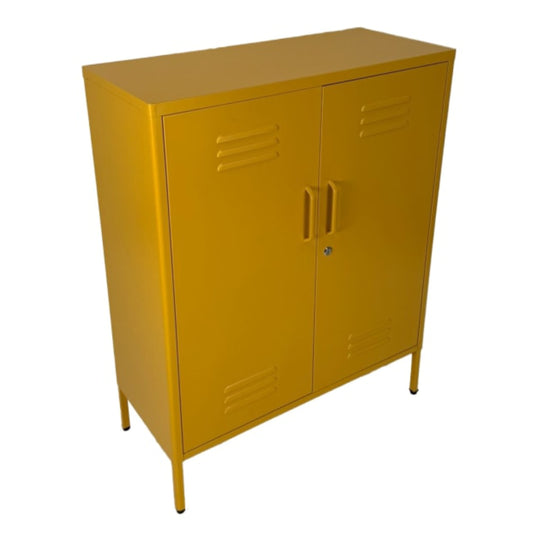 Yellow metal cabinet with two doors on a white background