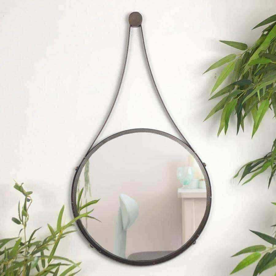 Aged Bronze Round Hanging Metal Strap Wall Mirror - The Farthing