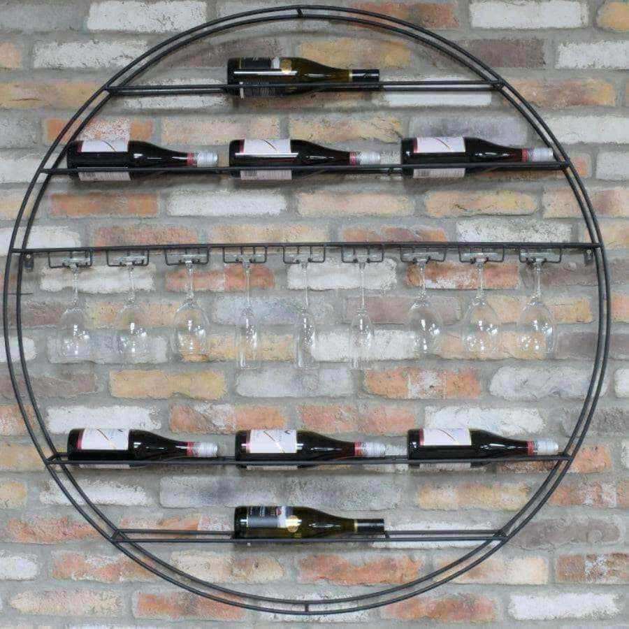 Black Industrial Round Wall Mounted Wine Bottle and Glass Holder - The Farthing
