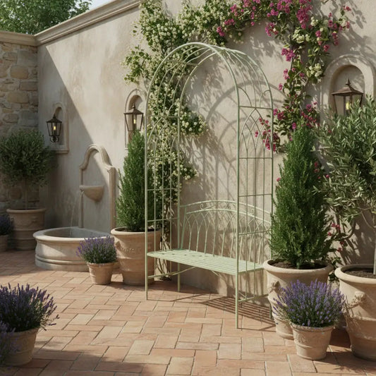 Distressed Green Steel Arch and Garden Bench - The Farthing