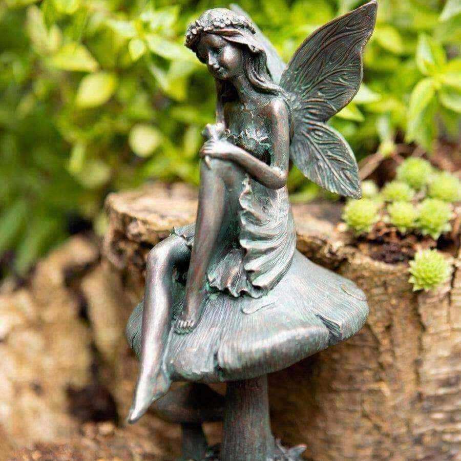 Distressed Verdigris Garden Fairy on Toadstool - The Farthing