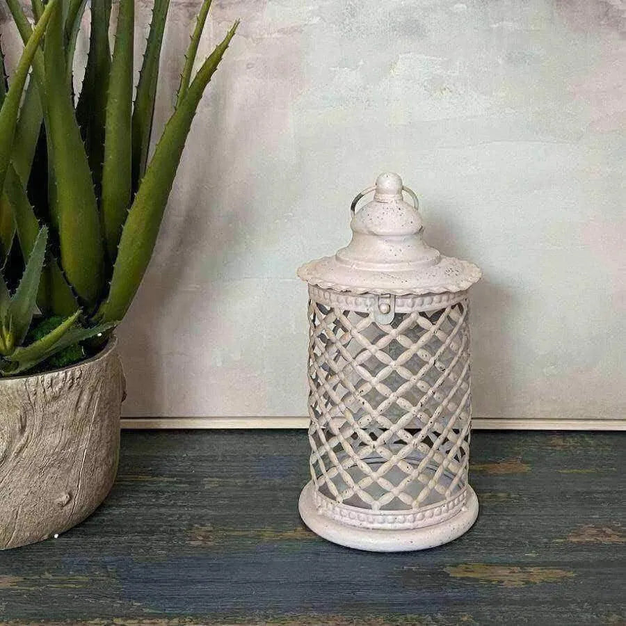 Distressed White Lattice Candle Lantern - The Farthing