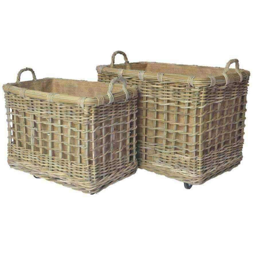 Open Weave Rectangle Wheeled Rattan Basket Set of 2 - The Farthing