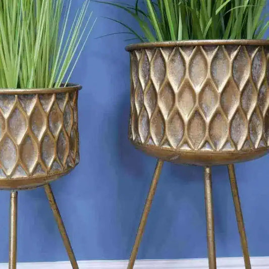 Pair of Distressed Gold Footed Gold Plant Pots - The Farthing