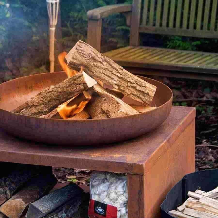 Raised Extra Large Rusty Steel Outdoor Fire Bowl with Log Storage - The Farthing