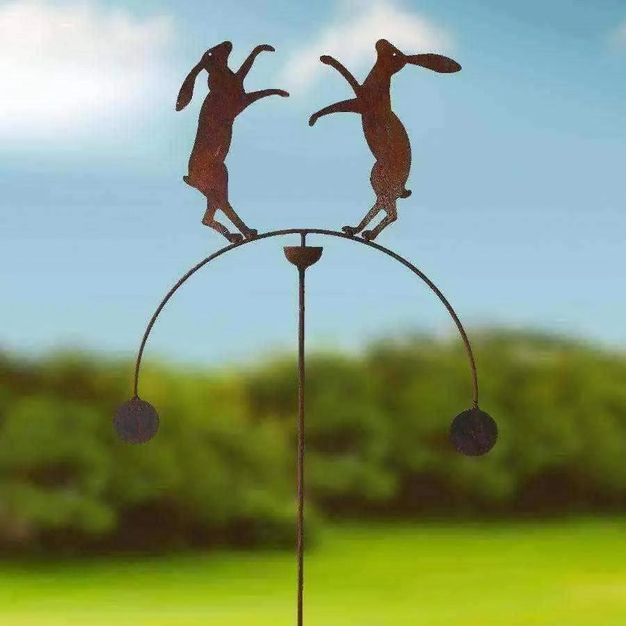 Rustic Metal Balancing Boxing Hares Garden Rocker - The Farthing