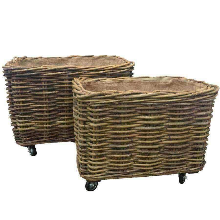 Rustic Rectangle Wheeled Rattan Basket Set of 2 - The Farthing