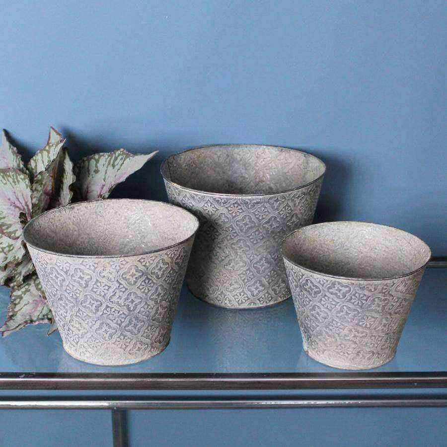 Set of Embossed Rustic Metal Plant Pots - The Farthing