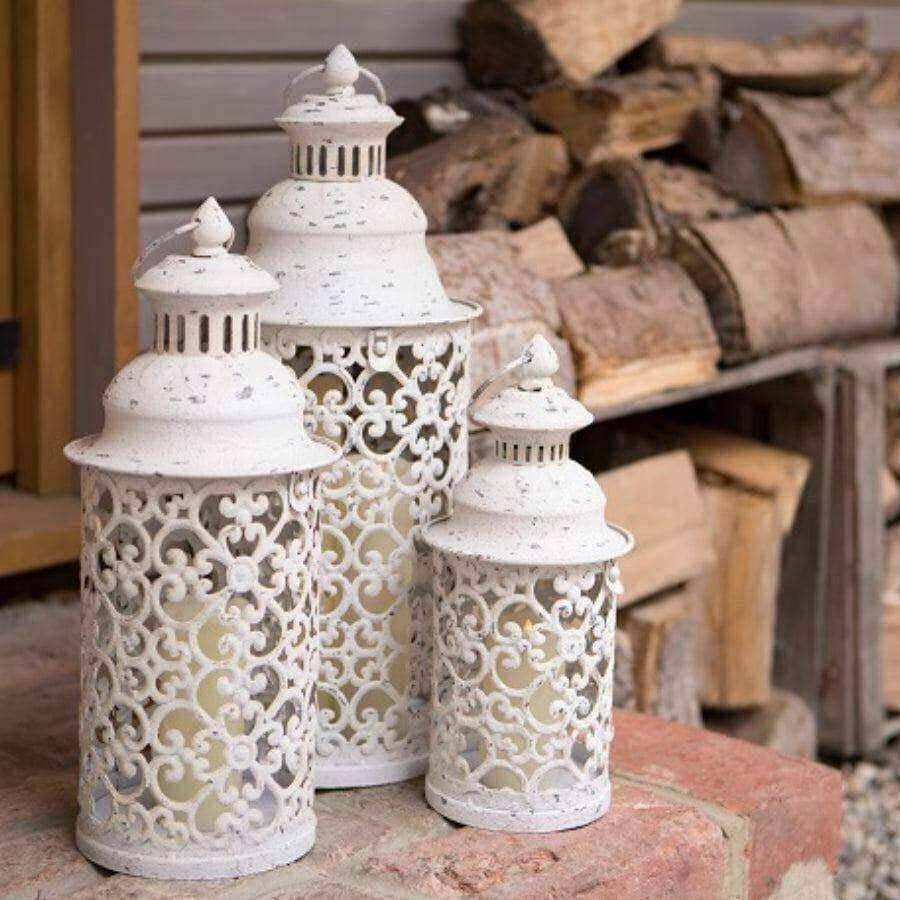 Set of Three Aged White Metal Filigree Lantern - The Farthing