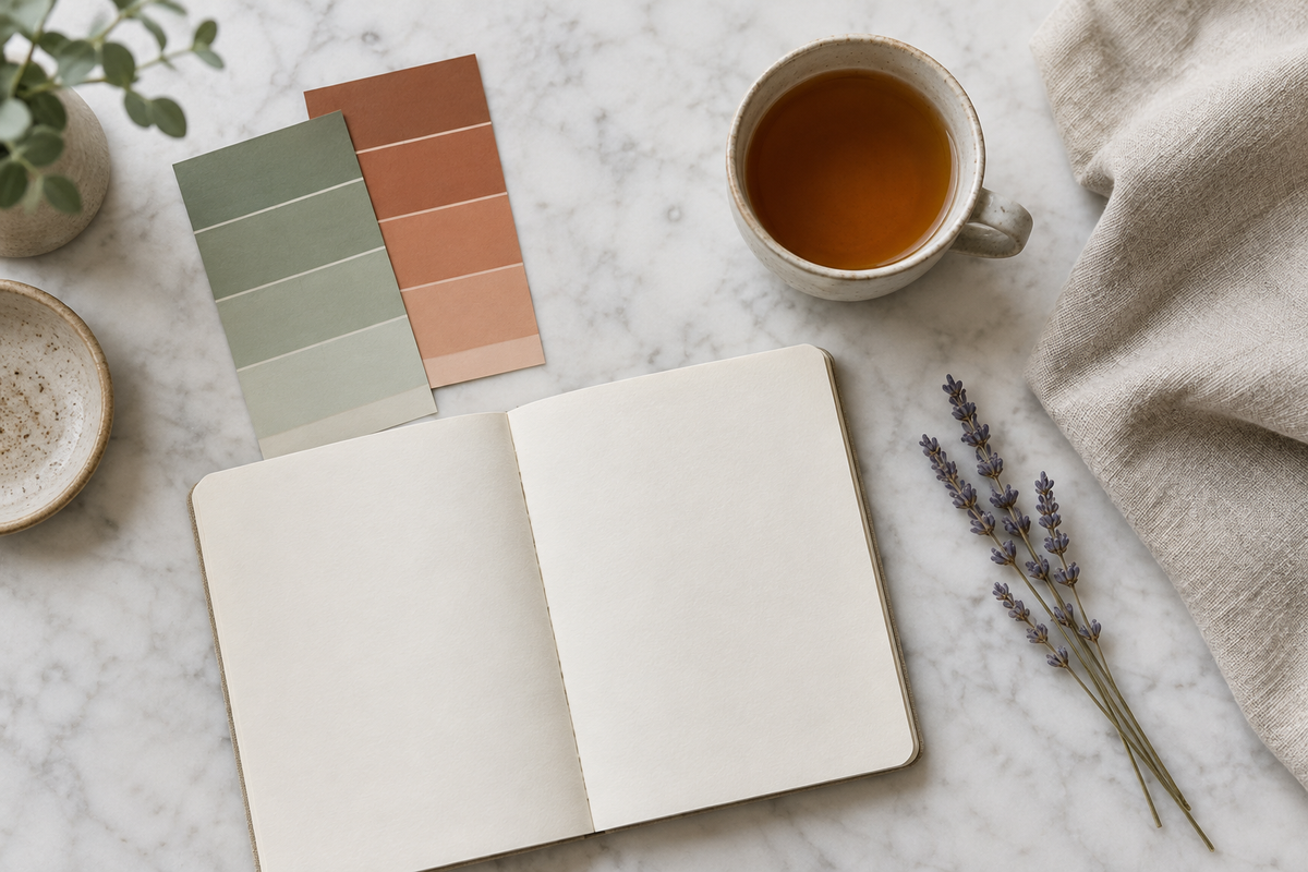 Open notebook, sage-green and terracotta colour swatches, a cup of tea, linen and dried lavender on a pale marble tabletop.