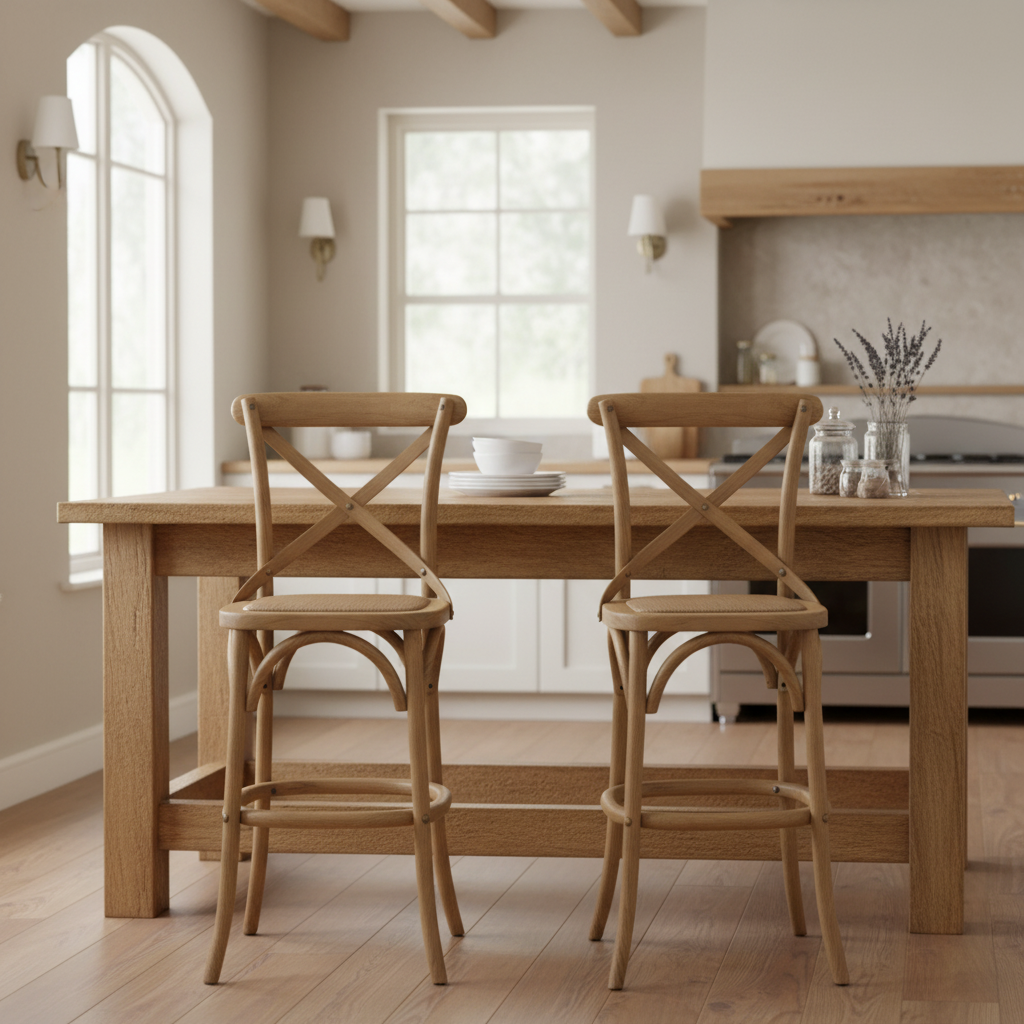 Wooden dining table with two chairs in a kitchen setting