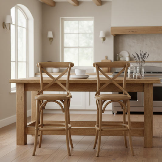 Wooden dining table with two chairs in a kitchen setting