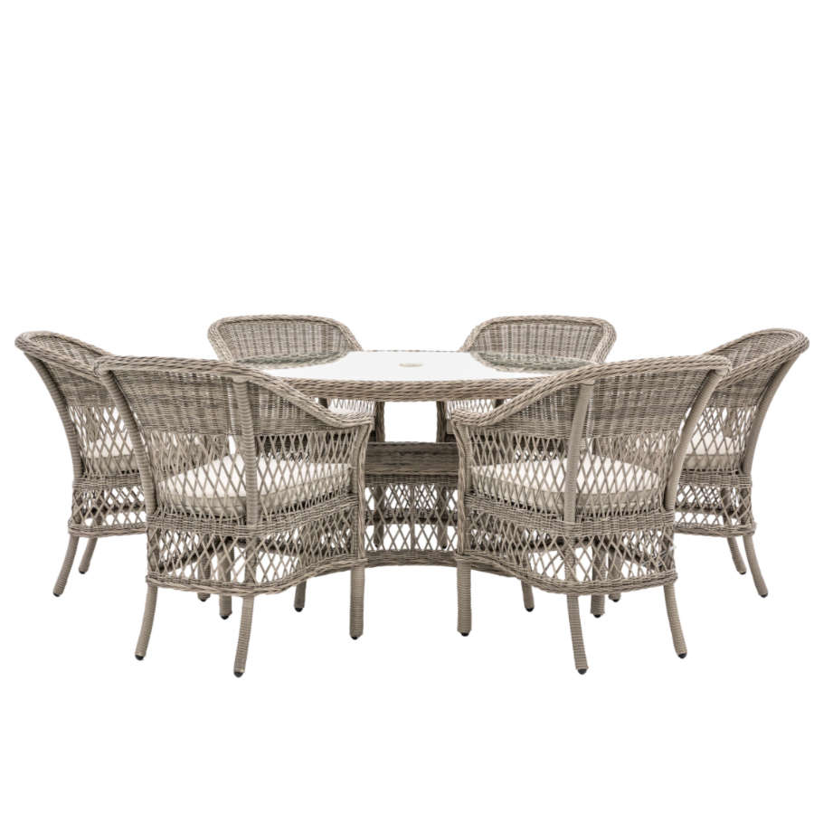 6 Seater PE Rattan Outdoor Dining Set with Chairs & Round Table - The Farthing