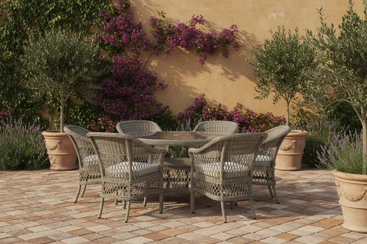 Outdoor patio set with wicker chairs and table on a stone patio, surrounded by plants and flowers.