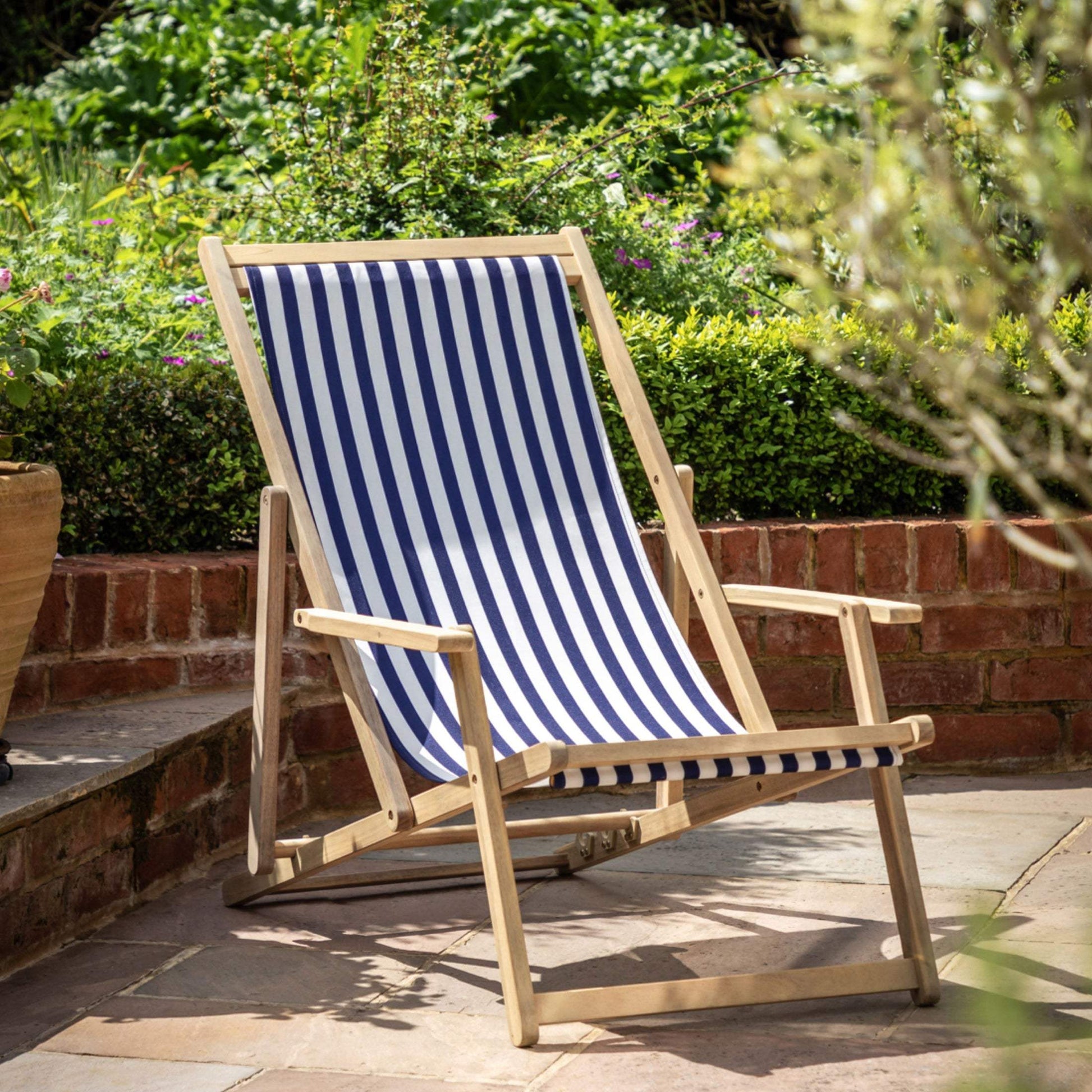 Acacia Wood Navy Stripe Deck Chair - The Farthing