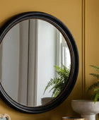 Round mirror with black frame on a yellow wall with a plant in the background