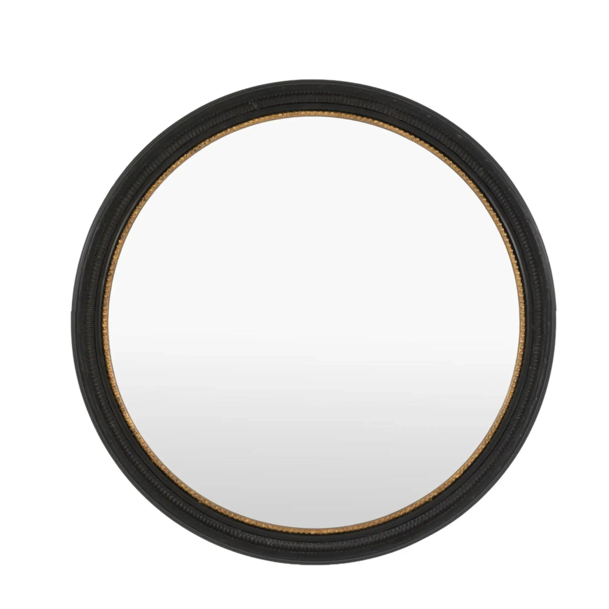 Round mirror with a black frame on a white background