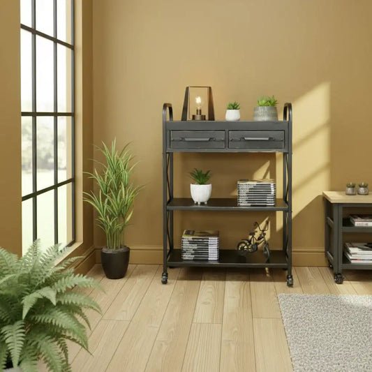 Aged Black Industrial Shelf Unit with Drawers