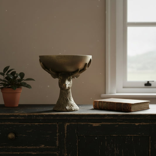 Bronze bowl with deer head design on a wooden surface