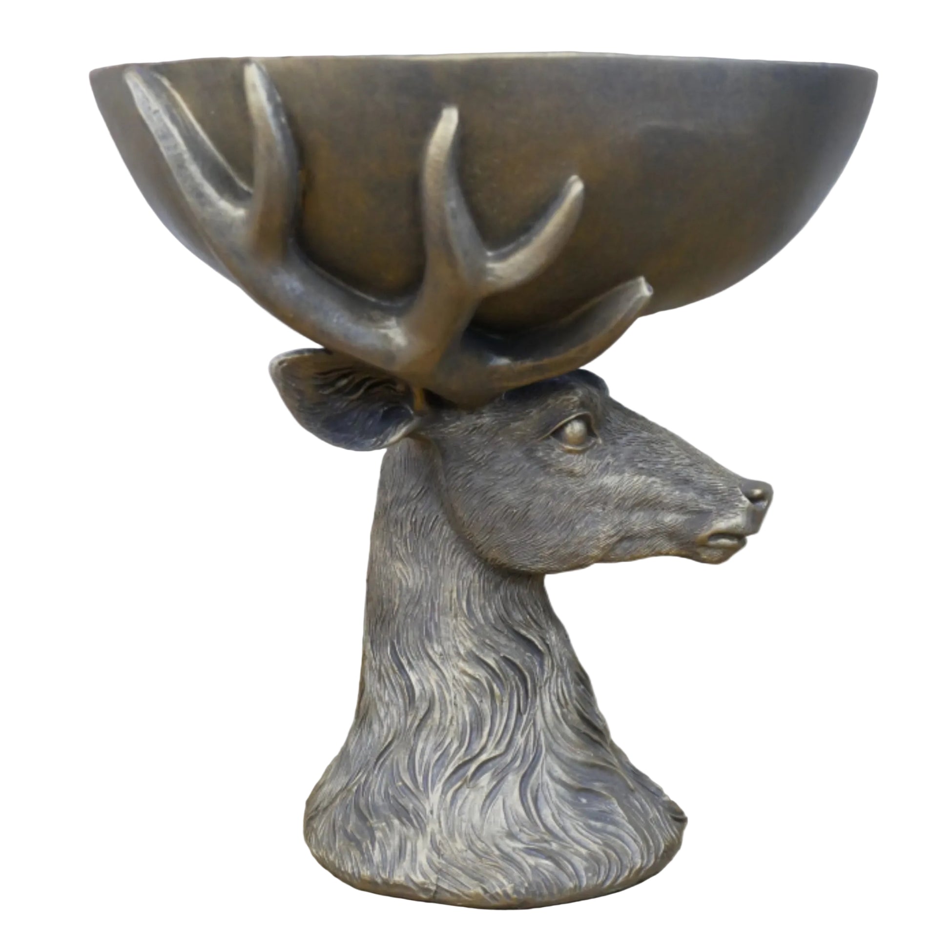 Bronze deer head with bowl on a wooden surface