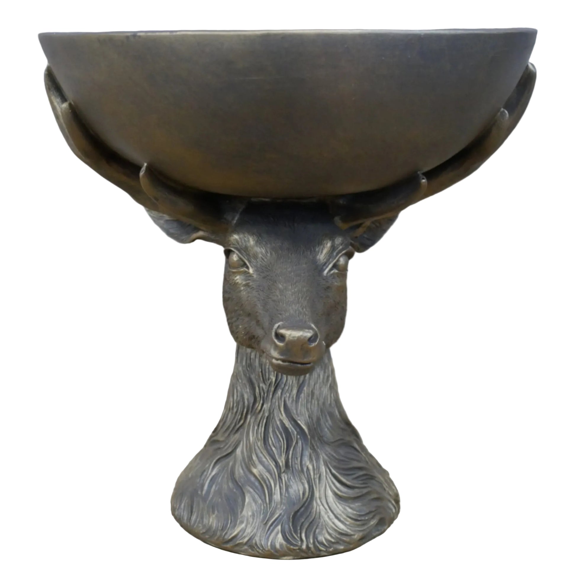 Bronze deer head sculpture with bowl on a wooden surface