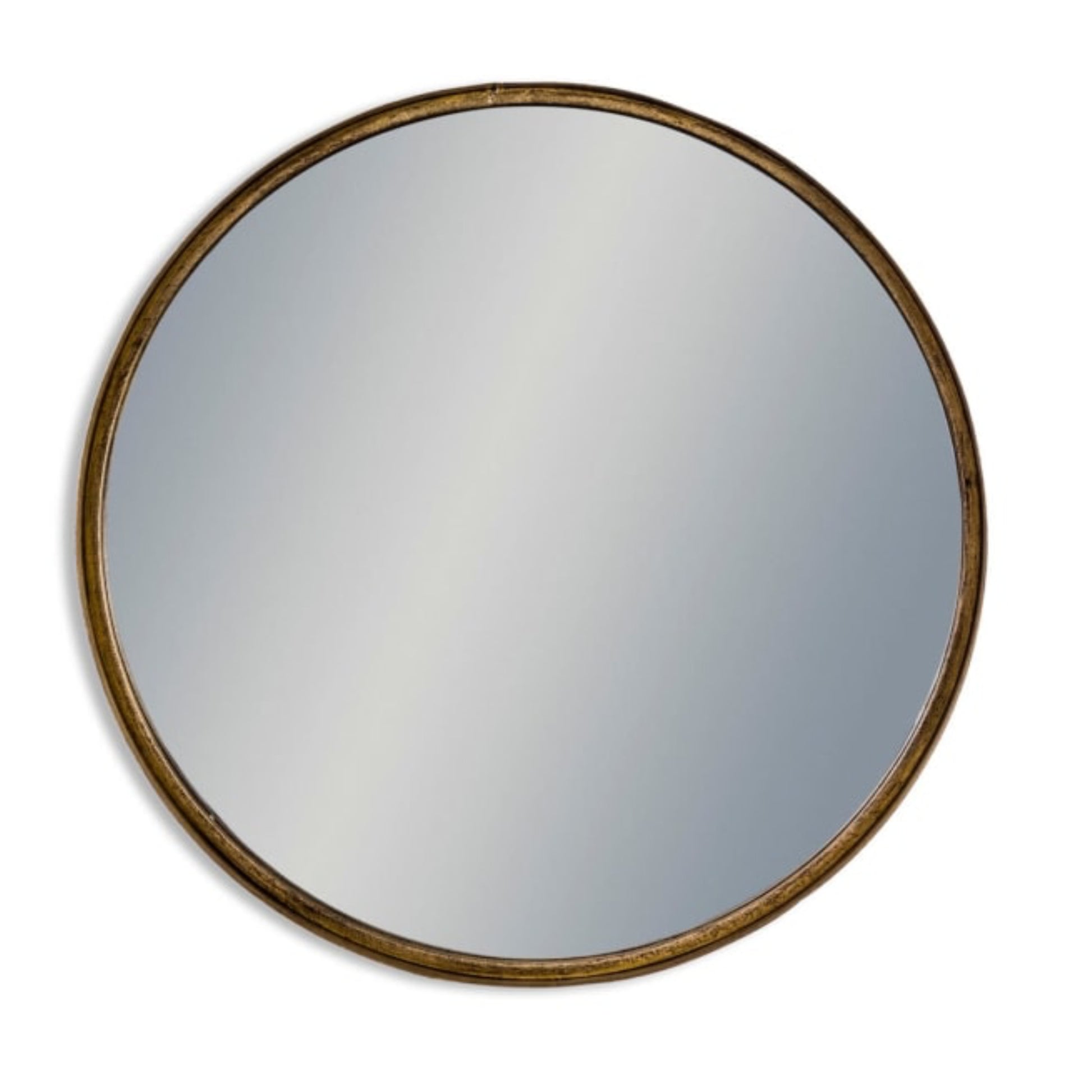 Round mirror with a gold frame on a white background
