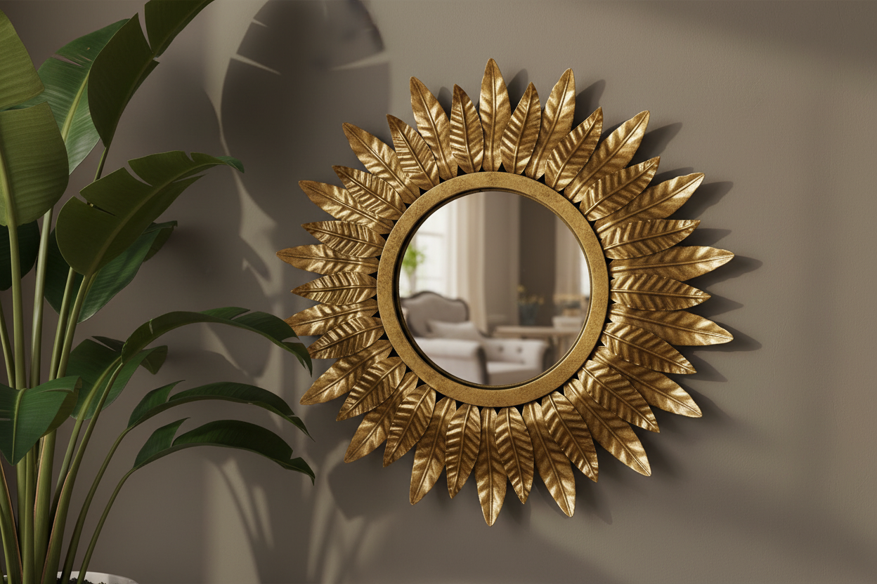 Decorative gold mirror with leaf-like patterns on a wall.