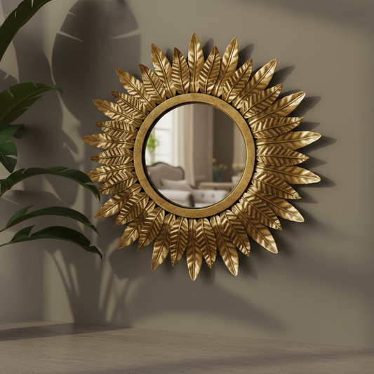 Decorative gold mirror with leaf-like patterns on a wall.