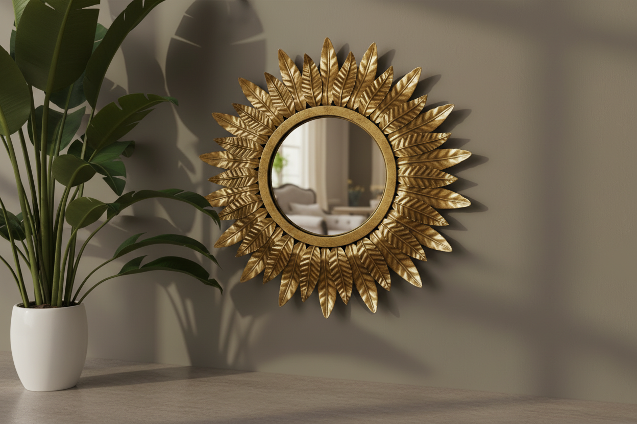 Decorative gold mirror with leaf-like design on a wall next to a potted plant.