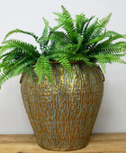 Fern plant in a textured bronze pot on a wooden surface with a white background
