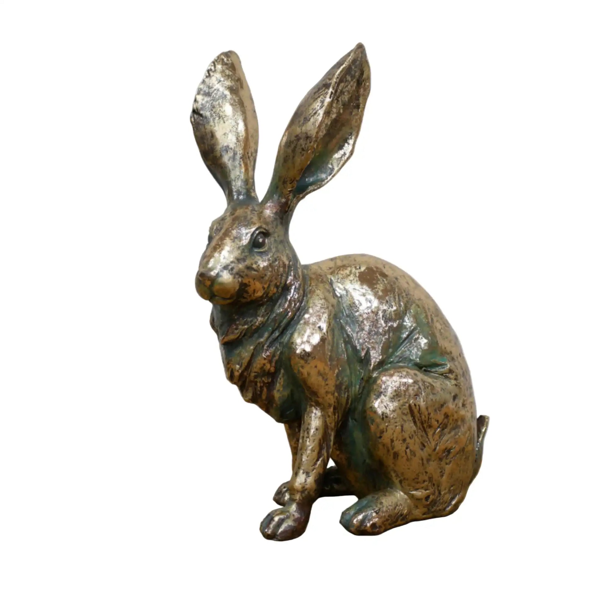Bronze rabbit statue on a white background