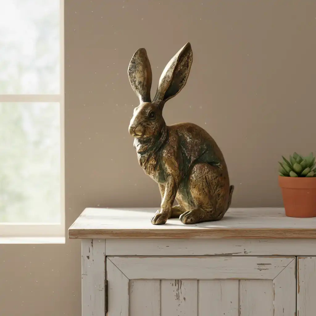 Bronze rabbit sculpture on a wooden surface with a neutral background