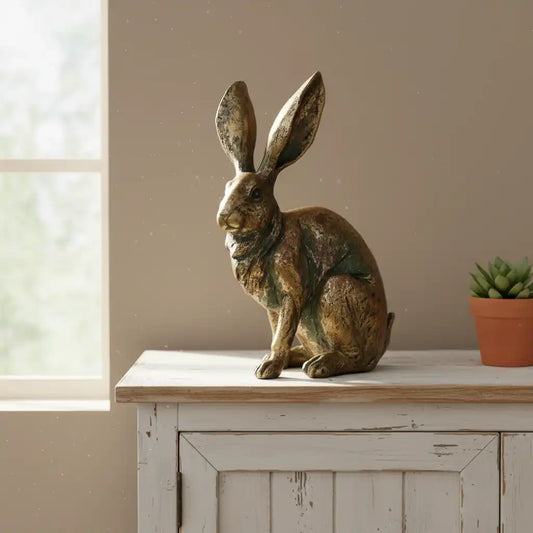 Bronze rabbit sculpture on a wooden surface with a neutral background