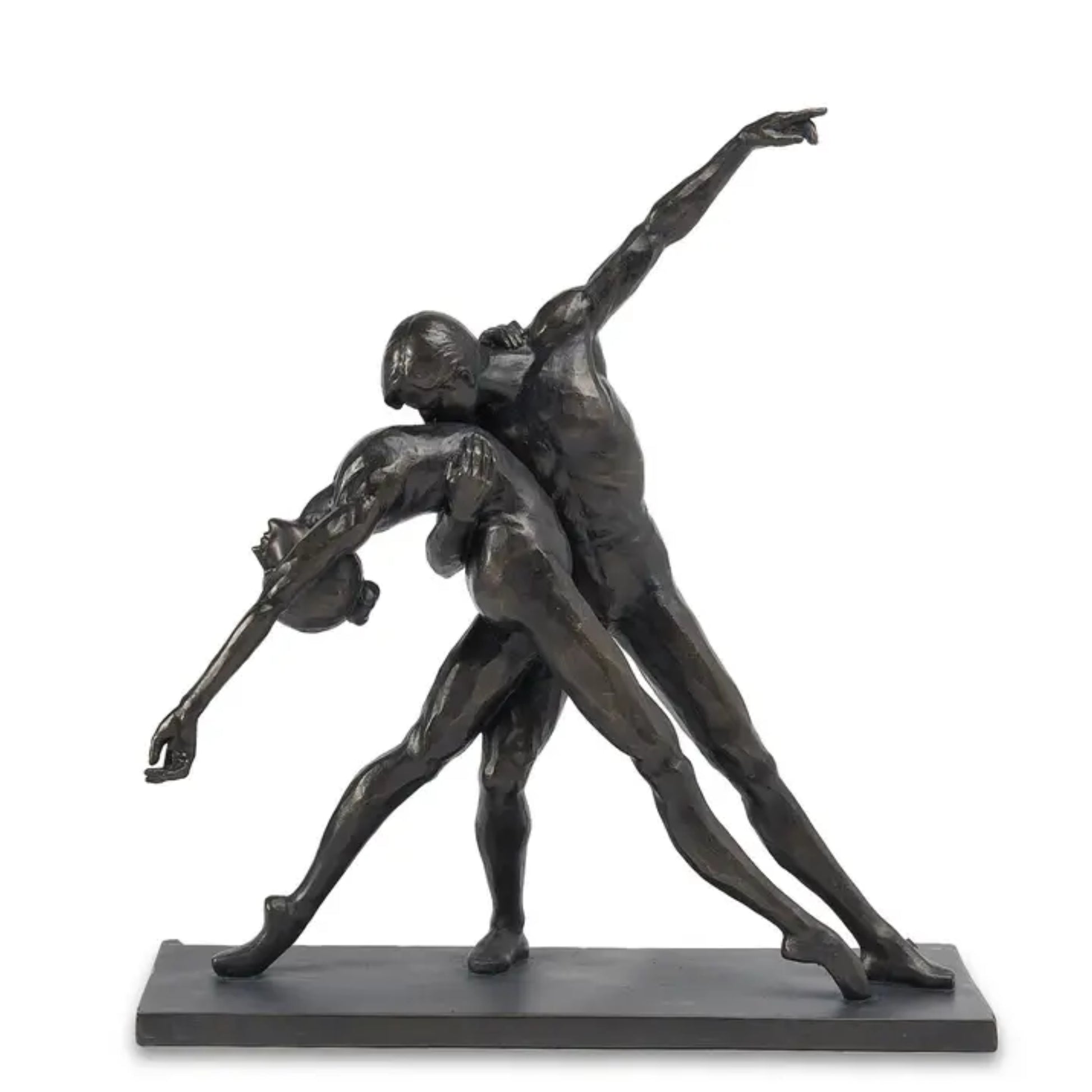 Bronze sculpture of two dancers in a dynamic pose on a white background