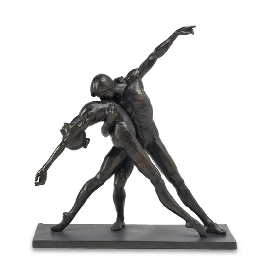 Bronze sculpture of two dancers in a dynamic pose on a white background