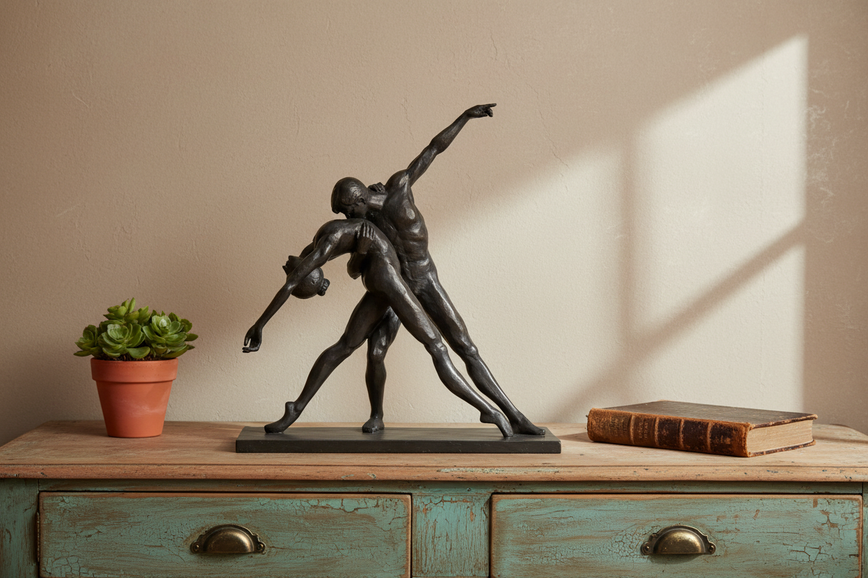 Statue of two dancers on a wooden surface with a plant and book in the background