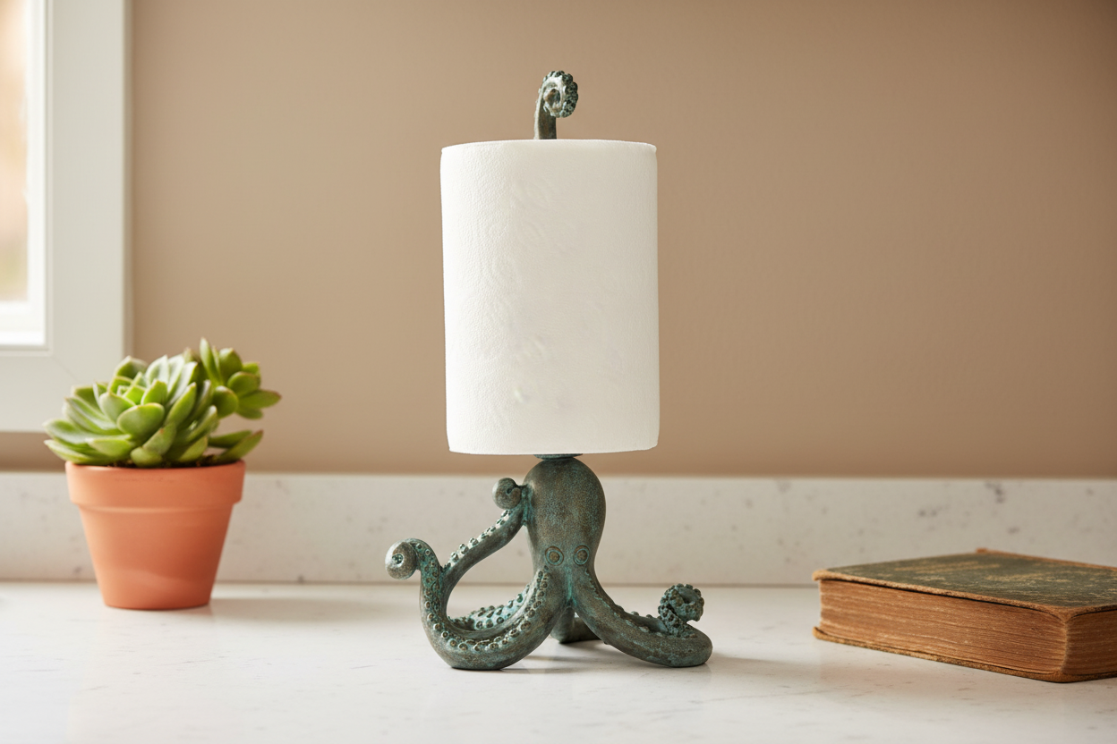 Decorative candle holder with a white candle on a surface next to a potted plant and book.