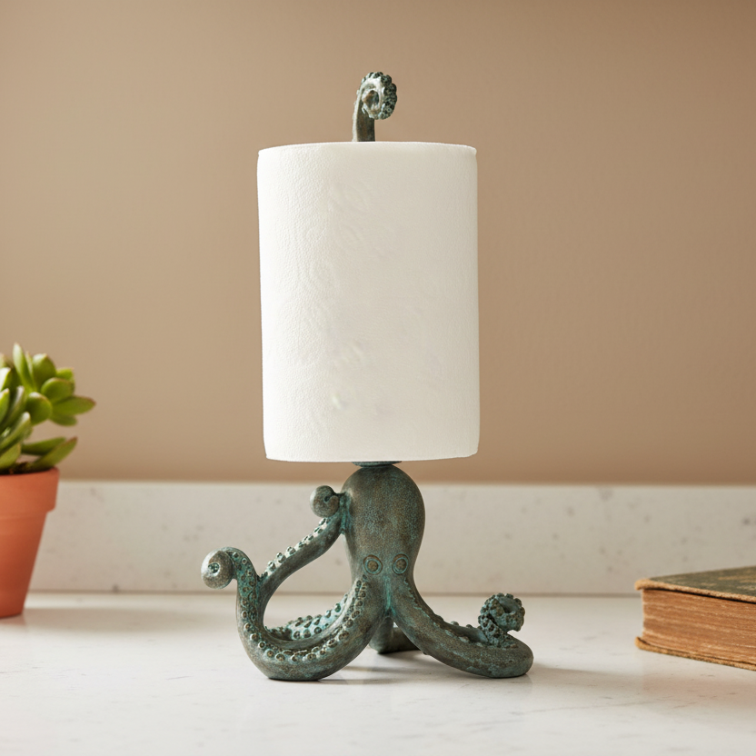 Decorative lamp with octopus design on a white surface against a beige wall.
