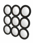 Nine circular mirrors with black frames arranged in a 3x3 grid on a white background.