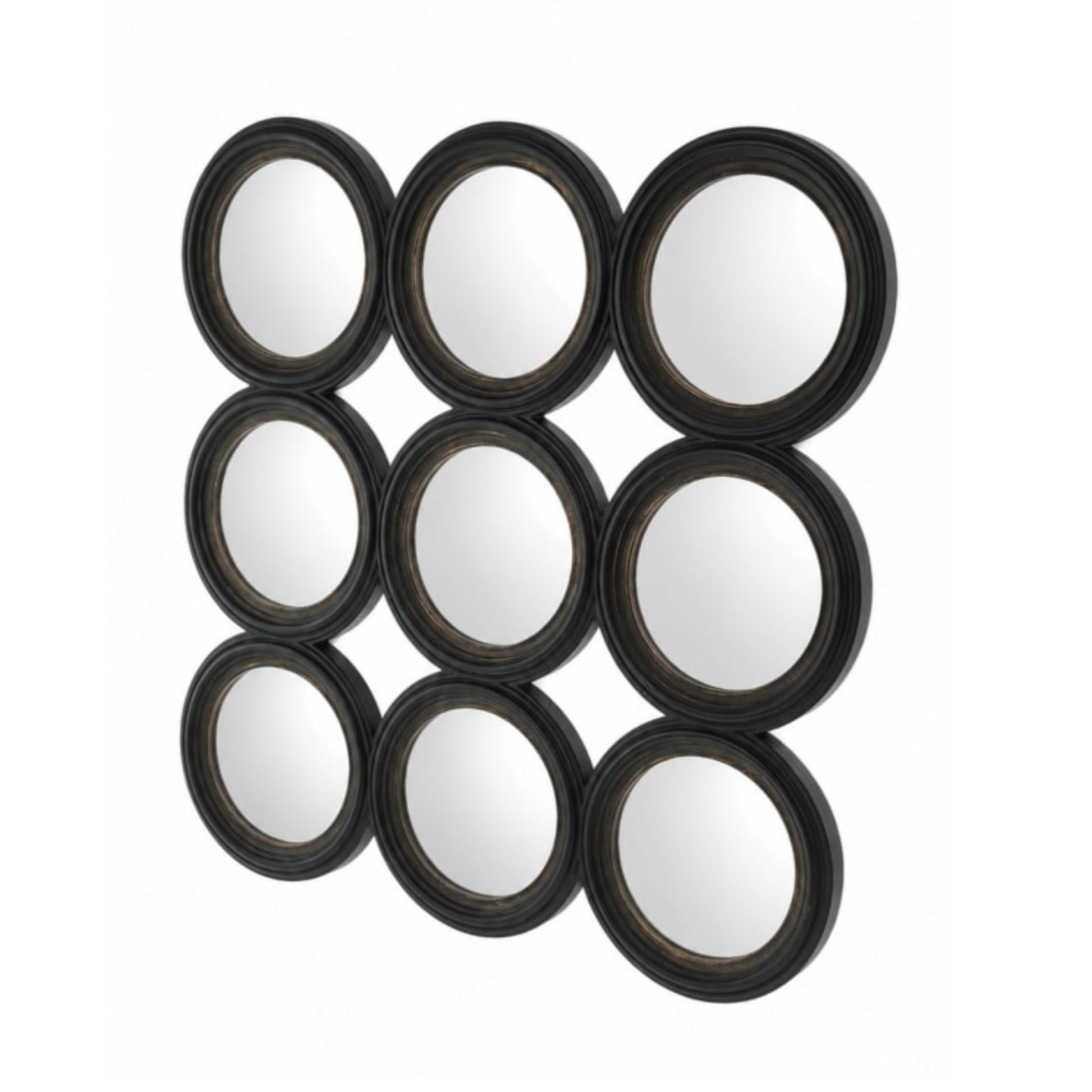 Nine circular mirrors with black frames arranged in a 3x3 grid on a white background.