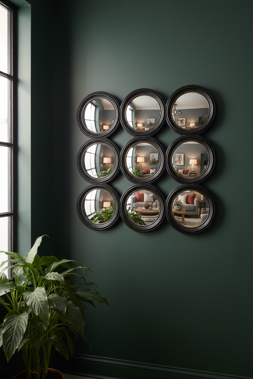Nine circular mirrors arranged in a grid on a dark green wall with a plant to the left.
